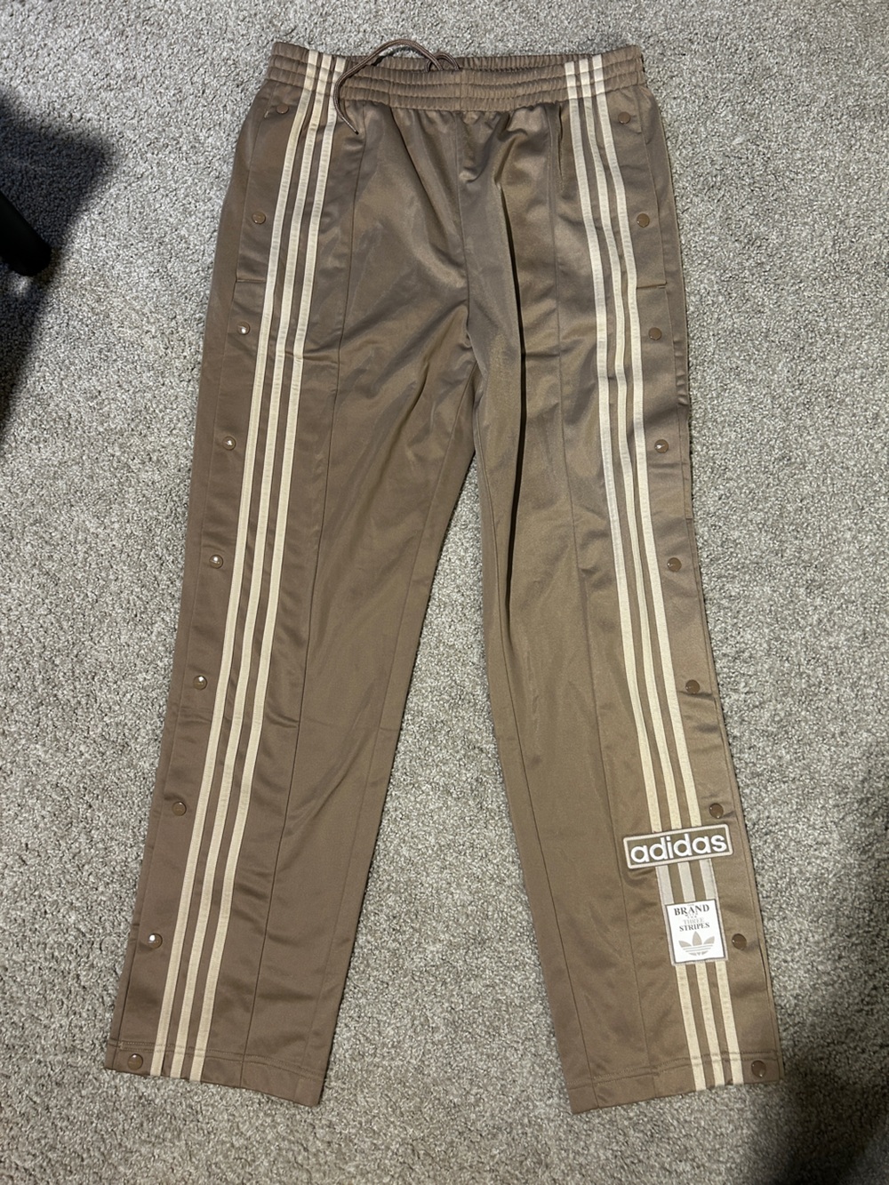 adidas Brown Snap-Button Three-Stripe Track Pants
